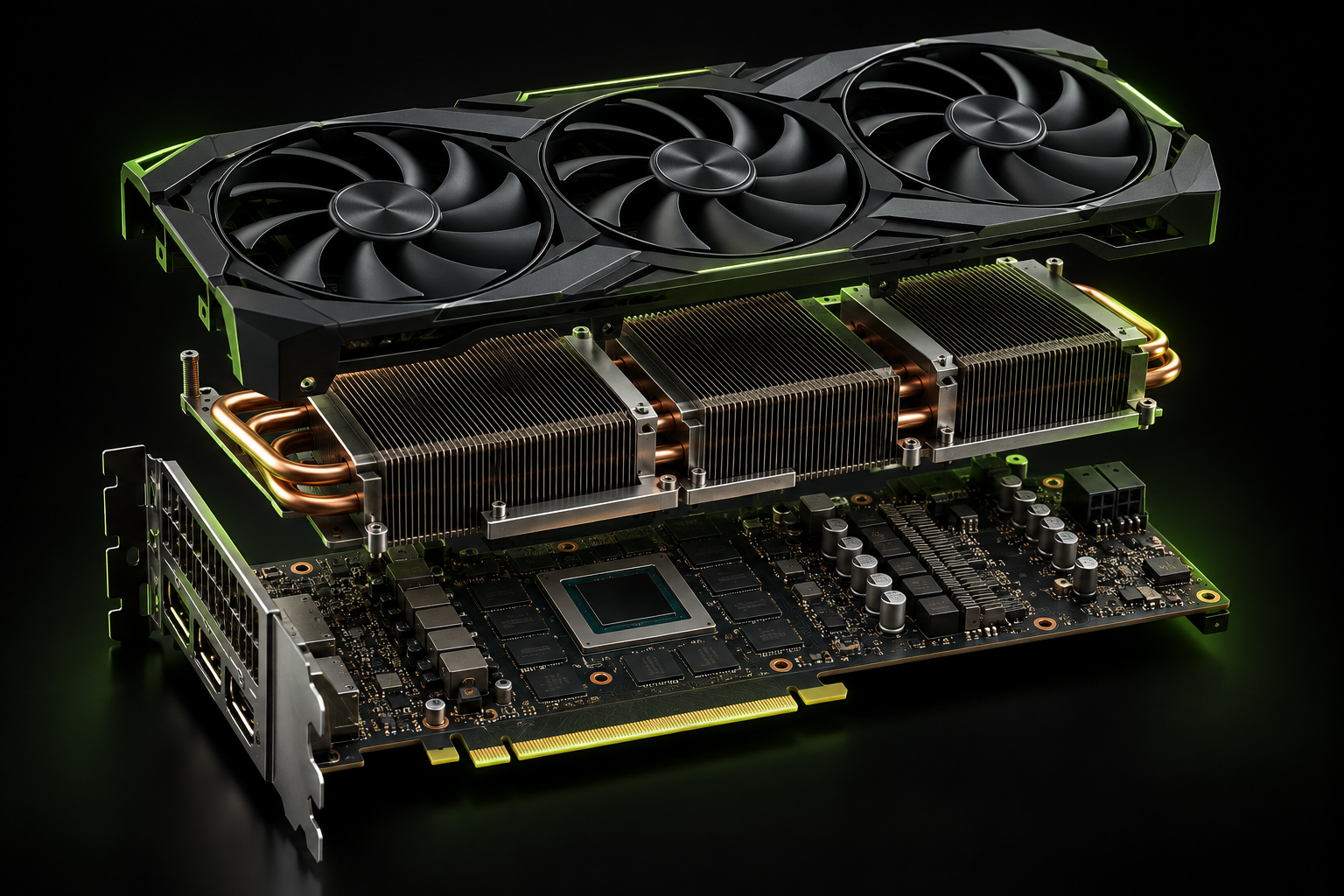 Carte graphique gaming à trois ventilateurs en vue éclatée, avec dissipateur, caloducs et circuit imprimé éclairés en vert